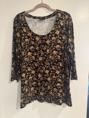 J.Jill Women's Black & Tan Floral Scoop Neck Top Large Petite Stretch blouse